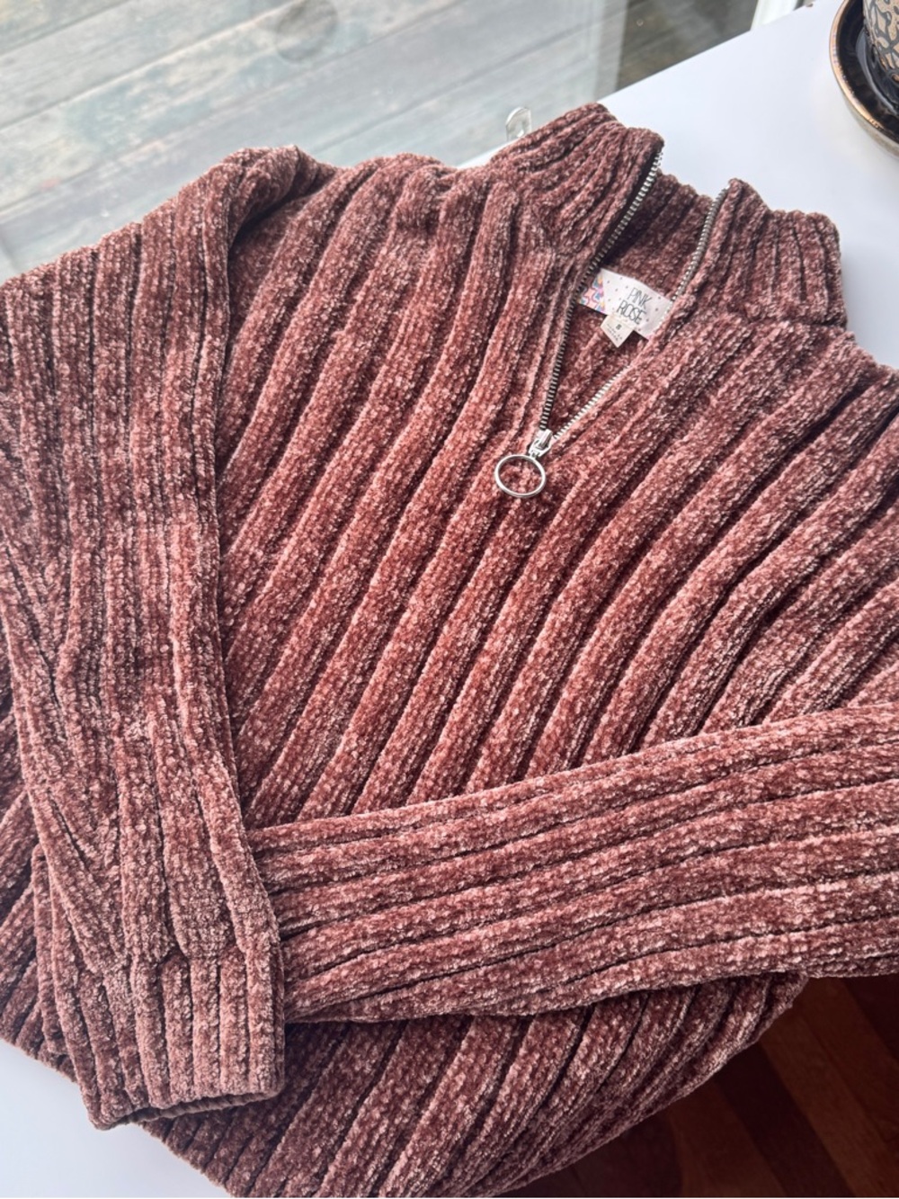 Pink Rose Ribbed Chenille Half-Zip Sweater - Rust Brown